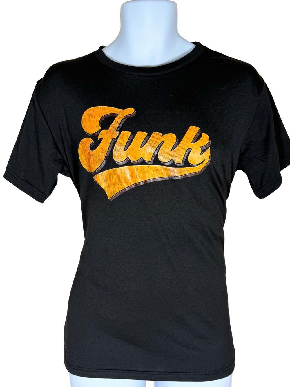 Retro Vintage Style Yellow Funk Print Black T-Shirt unisex in Medium